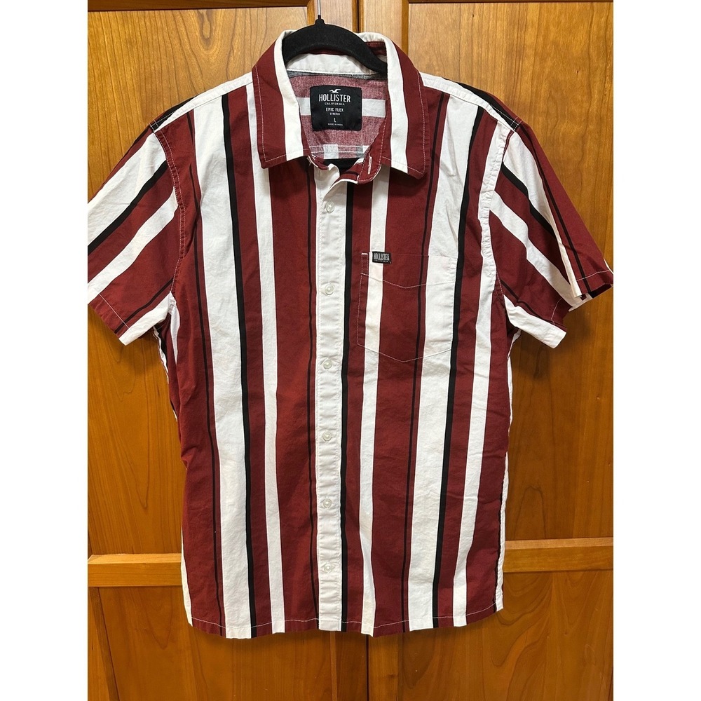 Hollister Epic Flex Mens Large Short Sleeve Button Down Shirt Burgundy Striped